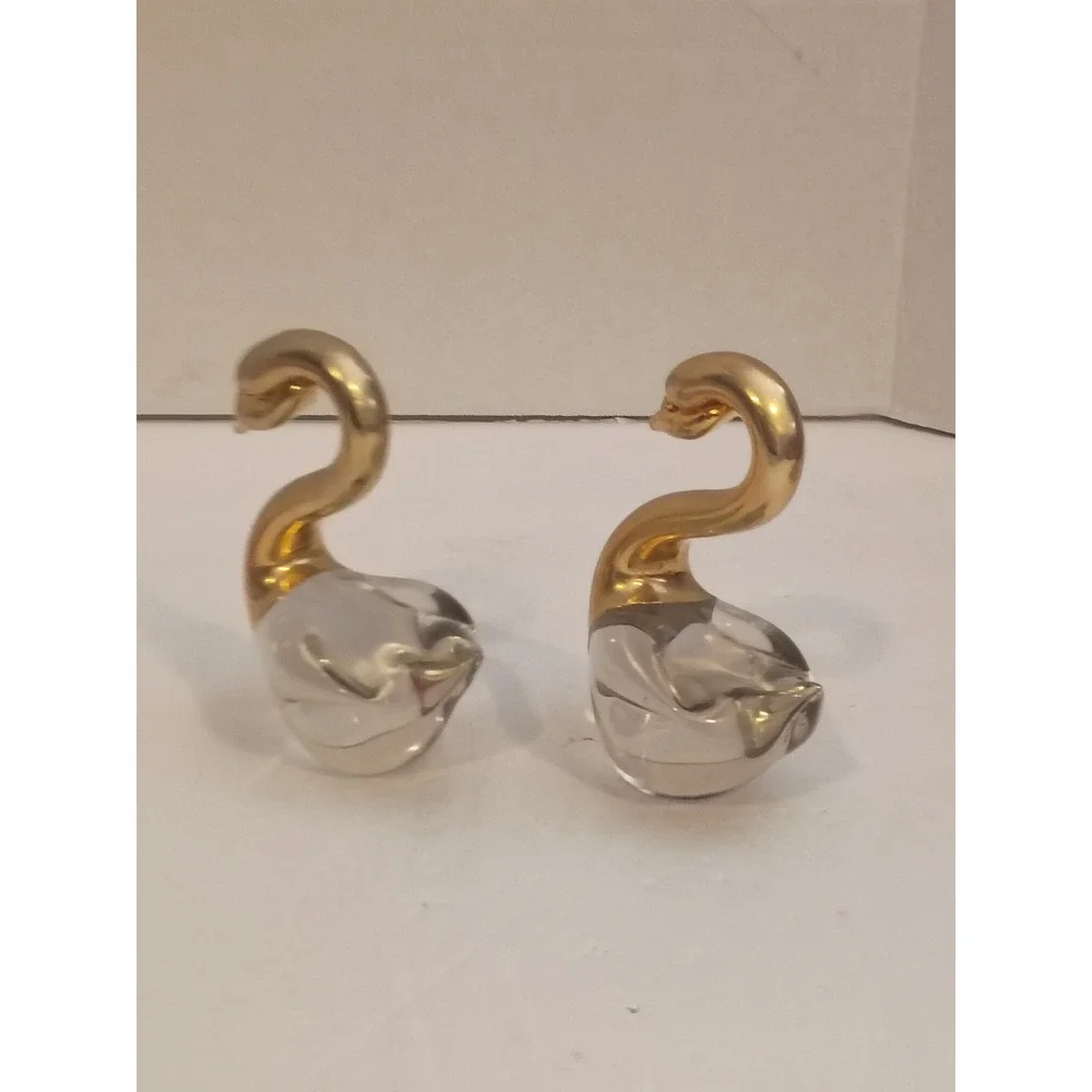 Vintage Art Glass Swan Figurines Gold Tone Metal Neck Set of 2 Mid Century Decor